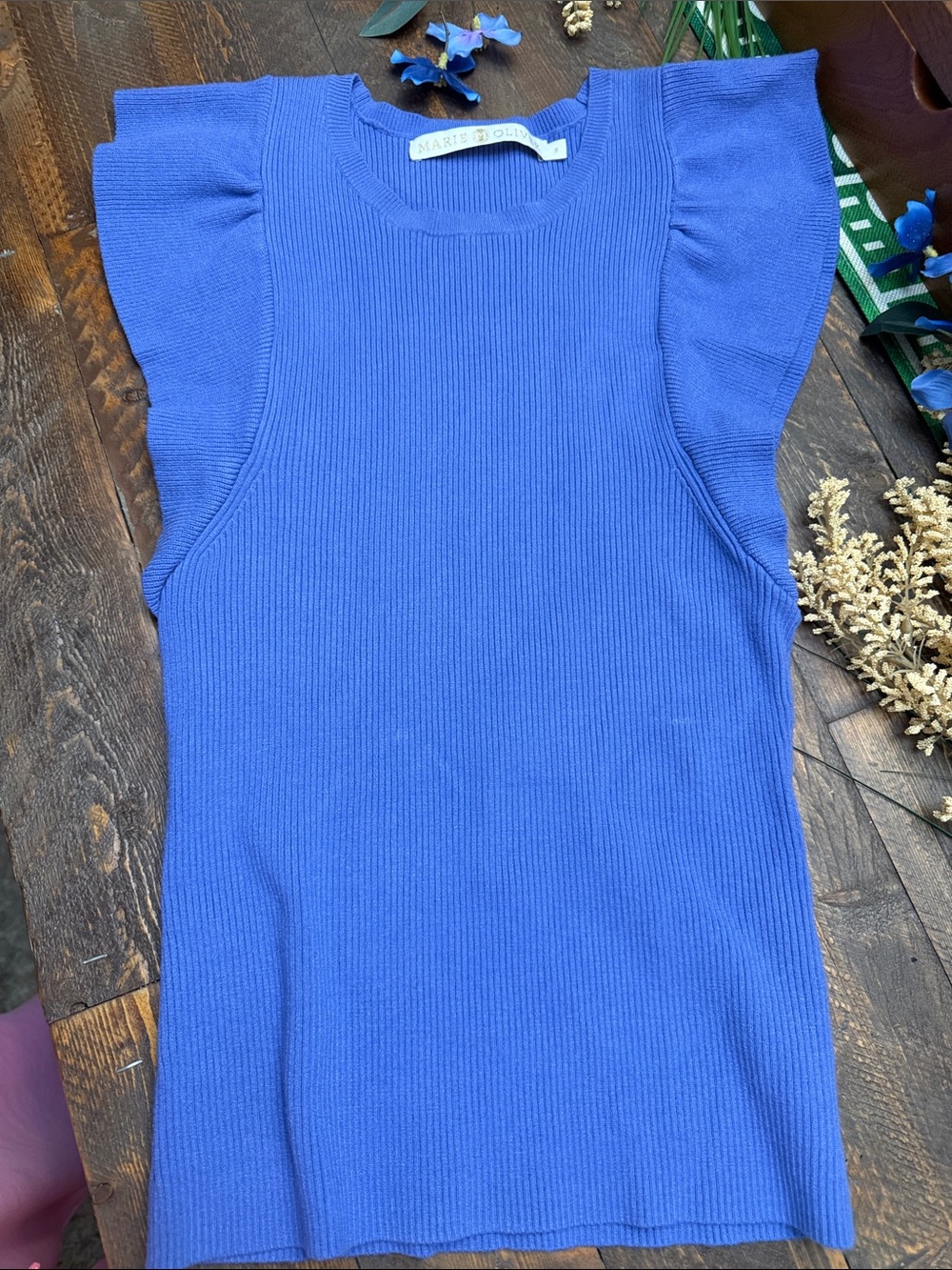 Marie Oliver Periwinkle Blue Ribbed Knit Ruffle Sleeve Top Size Small - Picture 2 of 7